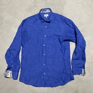 Mario Romano Linen Button Down Shirt Men's SZ M Blue Long Sleeve Made in Italy